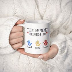 mothers day mug gift, personalised this mummy belongs to custom kids names coffee cup for mum