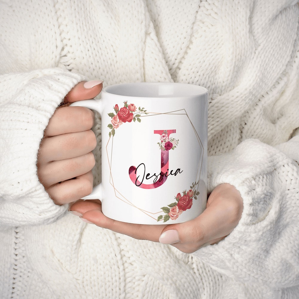 Custom Initial And Name Mug Floral Rose Gold Frame Personalised Coffee Mug Gift For Her Birthday 0