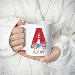 personalised christmas mug, santa reindeer penguin holiday coffee cup, custom christmas movie mug gift for secret santa