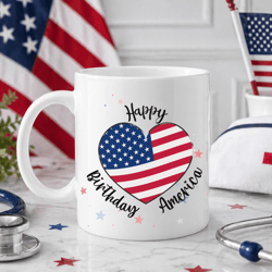 happy birthday america mug, patriotic 4th of july coffee cup, usa flag heart independence day gift mug