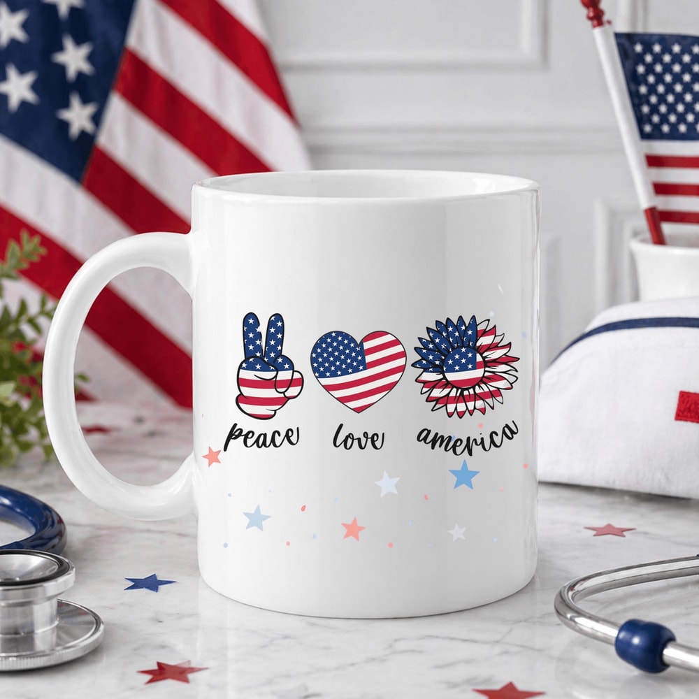 Peace Love America Mug Patriotic Sunflower 4th Of July Coffee Cup Independence Day Gift Mug 0