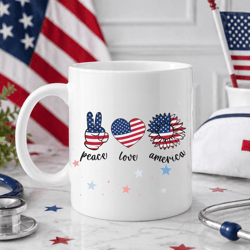 peace love america mug, patriotic sunflower 4th of july coffee cup, independence day gift mug