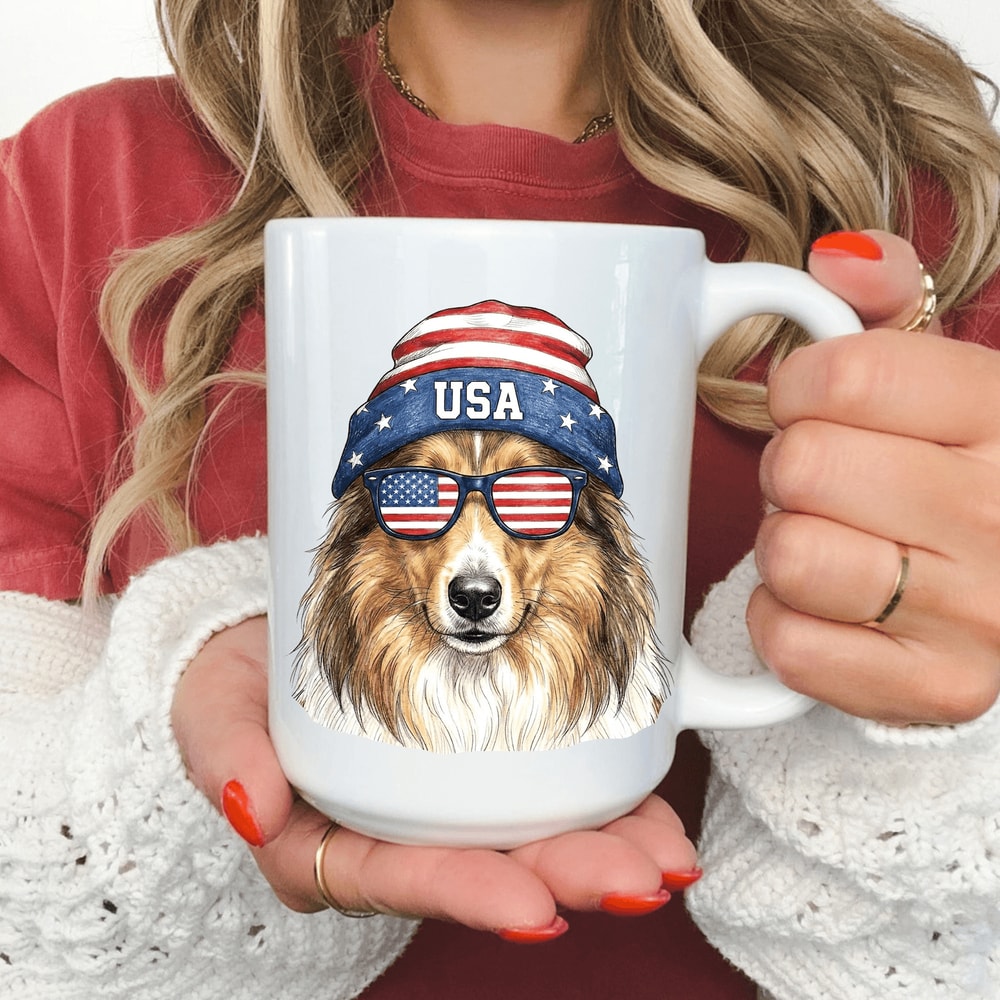 Patriotic Rough Collie Dog Mug USA Flag 4th Of July Ceramic Coffee Cup Gift For Dog Lovers 0