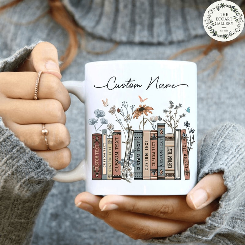 Personalized Floral Books Mug Custom Name Bookshelf Coffee Cup Librarian Bookworm Gift For Readers 0