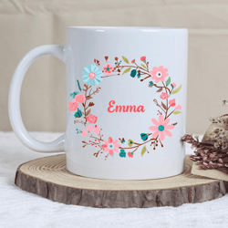 personalized floral wreath mug custom name ceramic coffee cup elegant botanical gift for her