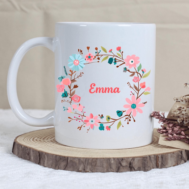 Personalized Floral Wreath Mug Custom Name Ceramic Coffee Cup Elegant Botanical Gift For Her 0