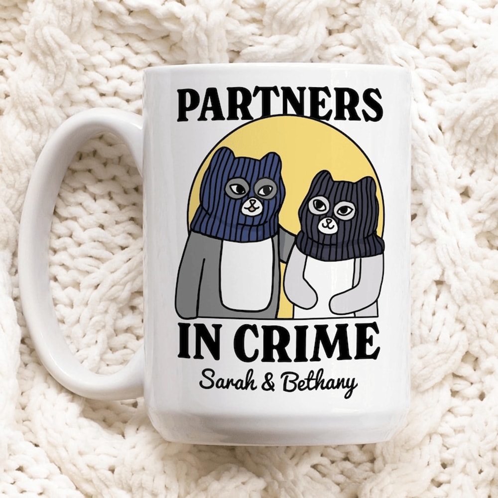 Partners In Crime Cat Mug 15 Oz Funny Best Friend Mug Personalized Cat Coffee Mug Custom Name Gift 0