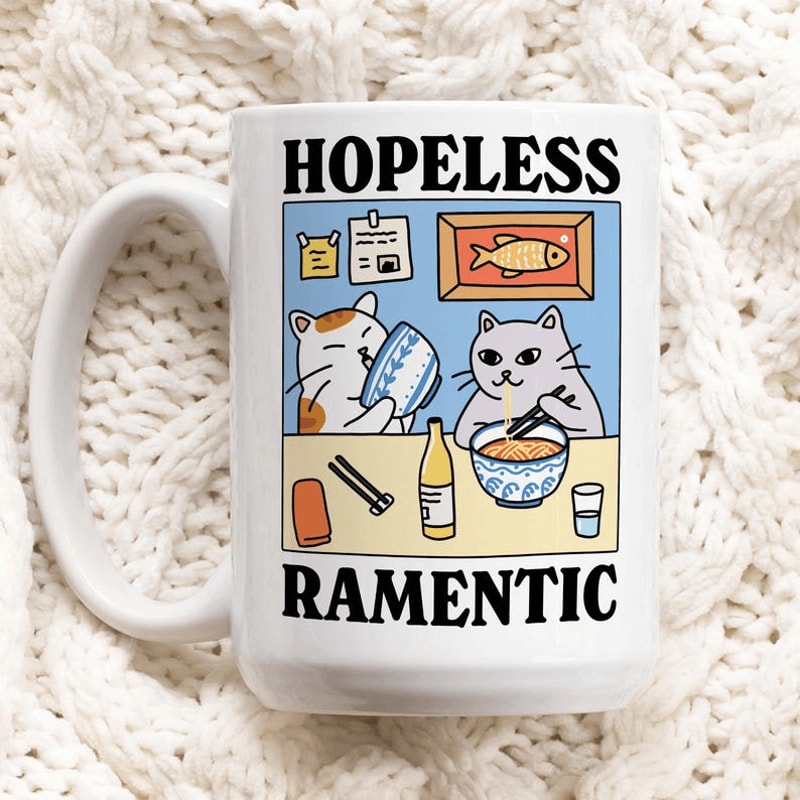 Hopeless Ramentic Cat Mug 15 Oz Funny Cat Coffee Mug Cute Ramen Lover Mug Cat Lover Gift Ceramic Cu 0