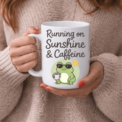 running on sunshine & caffeine funny frog mug – cute summer coffee cup, positive vibes office humor gift