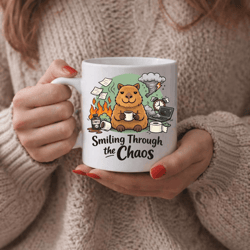 smiling through the chaos capybara mug – funny burnout coffee cup, cute animal coworker gift