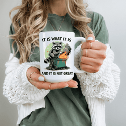 it is what it is and it is not great funny raccoon mug sarcastic dumpster fire humor coffee mug gift