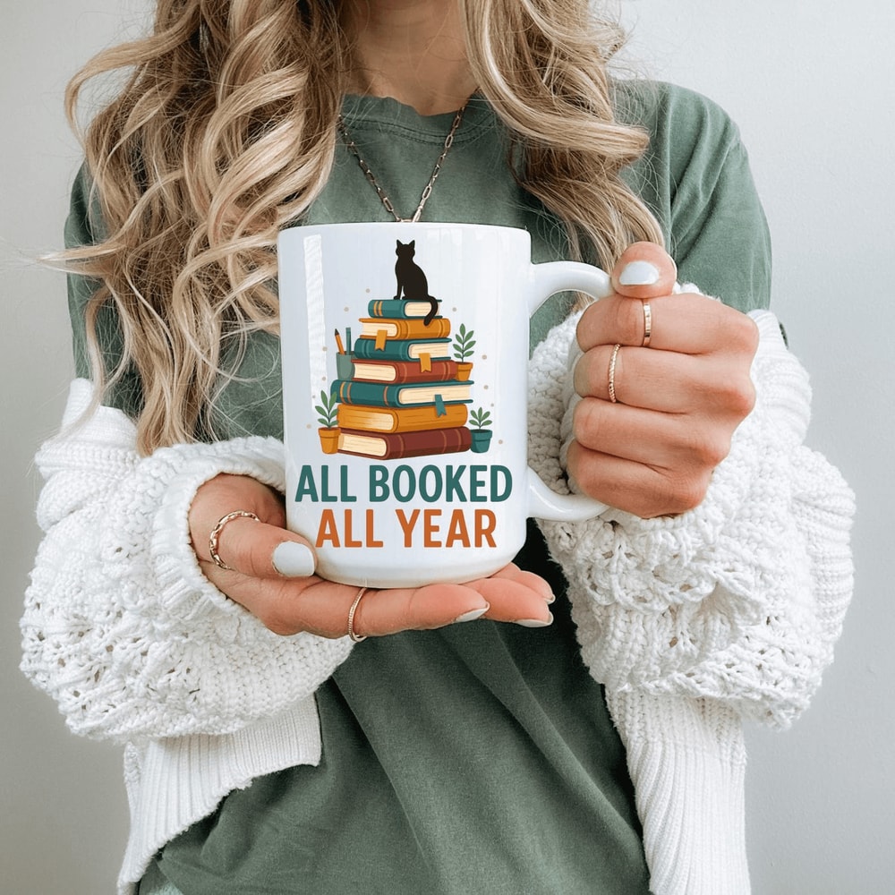 All Booked All Year Mug Book Lover Cat Lover Coffee Cup Cozy Reader Gift 0