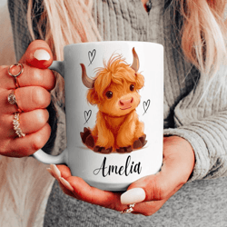 personalized highland cow mug 15 oz mug, custom name coffee mug, cute cow lover gift for women