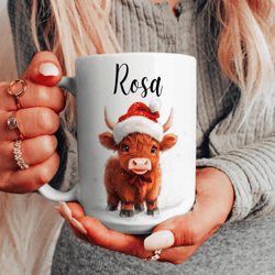 personalized christmas highland cow mug 15 oz mug, custom name coffee mug, cute cow lover christmas gift