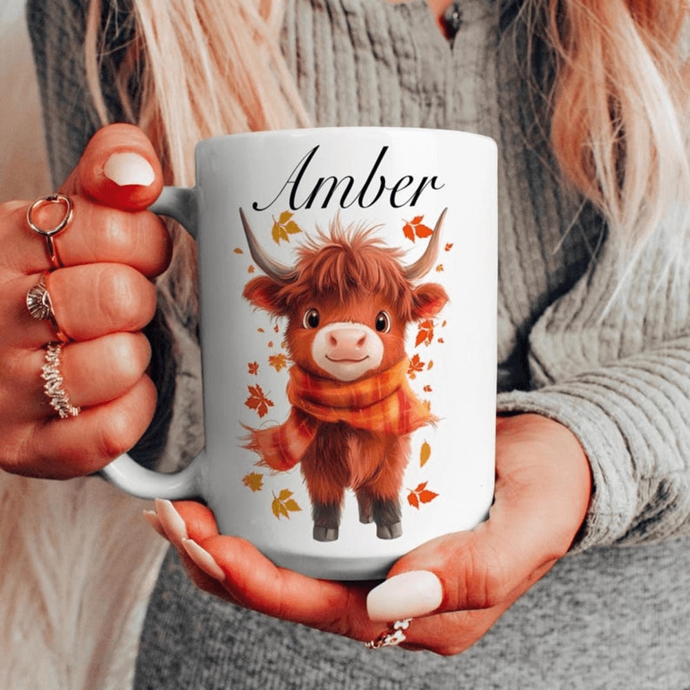 Personalized Autumn Highland Cow Mug 15 Oz Mug Custom Name Coffee Mug Fall Cow Lover Gift For Women 0