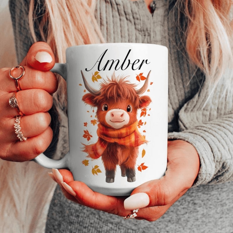 Personalized Autumn Highland Cow Mug 15 Oz Mug Custom Name Coffee Mug Fall Cow Lover Gift For Women 0
