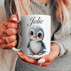 personalized baby penguin mug 15 oz mug, custom name coffee mug, cute penguin lover gift for kids & animal lovers