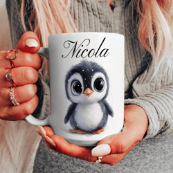 personalized baby penguin mug 15 oz mug, custom name coffee mug, cute penguin lover gift for kids, girls & animal lovers