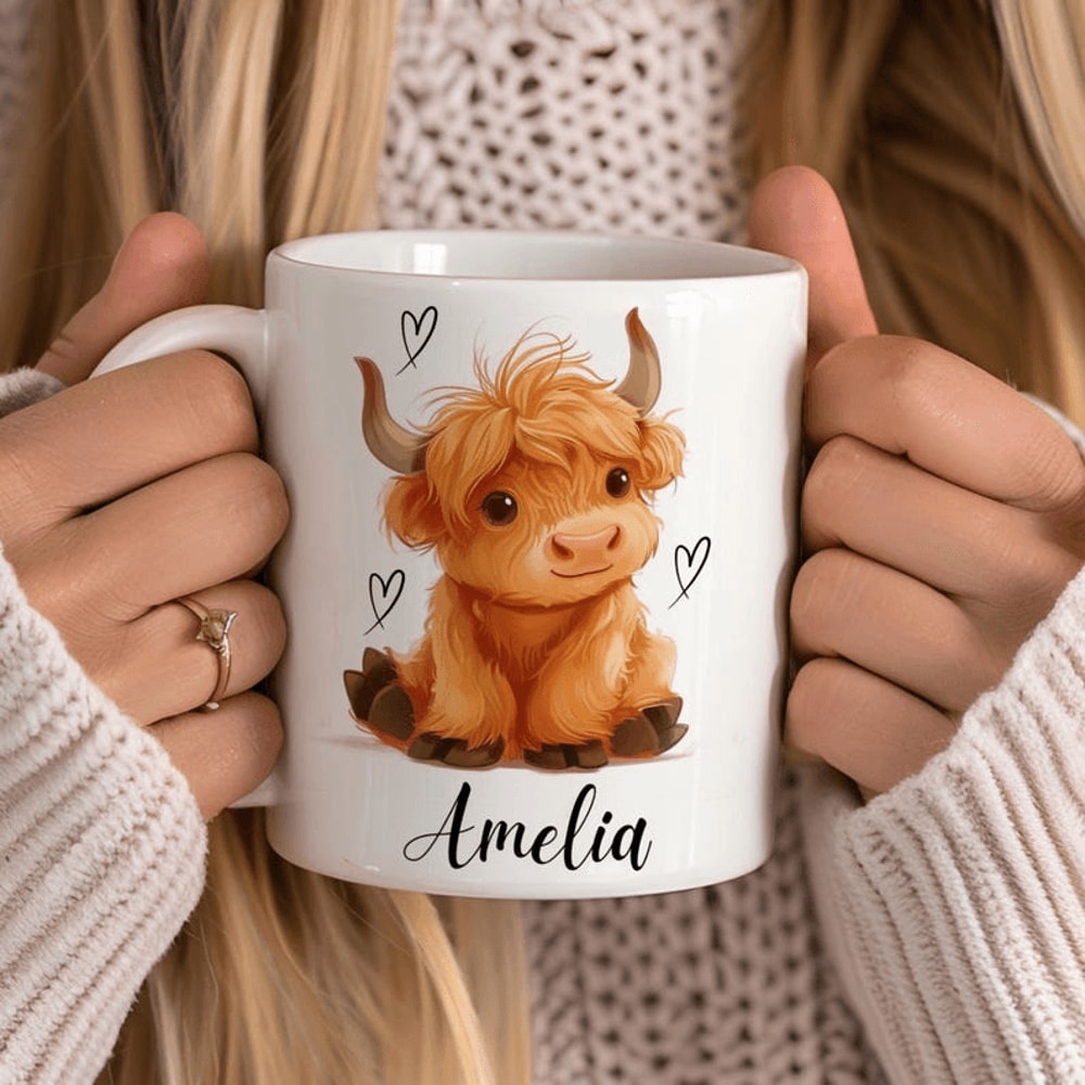 Personalized Highland Cow Mug 15 Oz Mug Custom Name Coffee Mug Cute Baby Highland Cow Gift For Girl 0