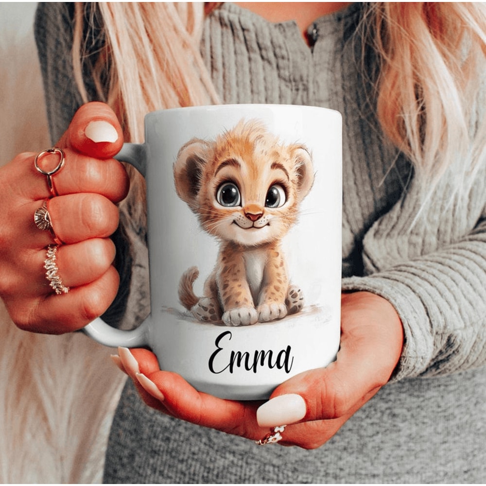 Personalized Baby Lion Mug 15 Oz Mug Custom Name Coffee Mug Cute Lion Cub Gift For Kids Girls Anim 0