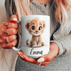 personalized baby lion mug 15 oz mug, custom name coffee mug, cute lion cub gift for kids, girls & animal lovers