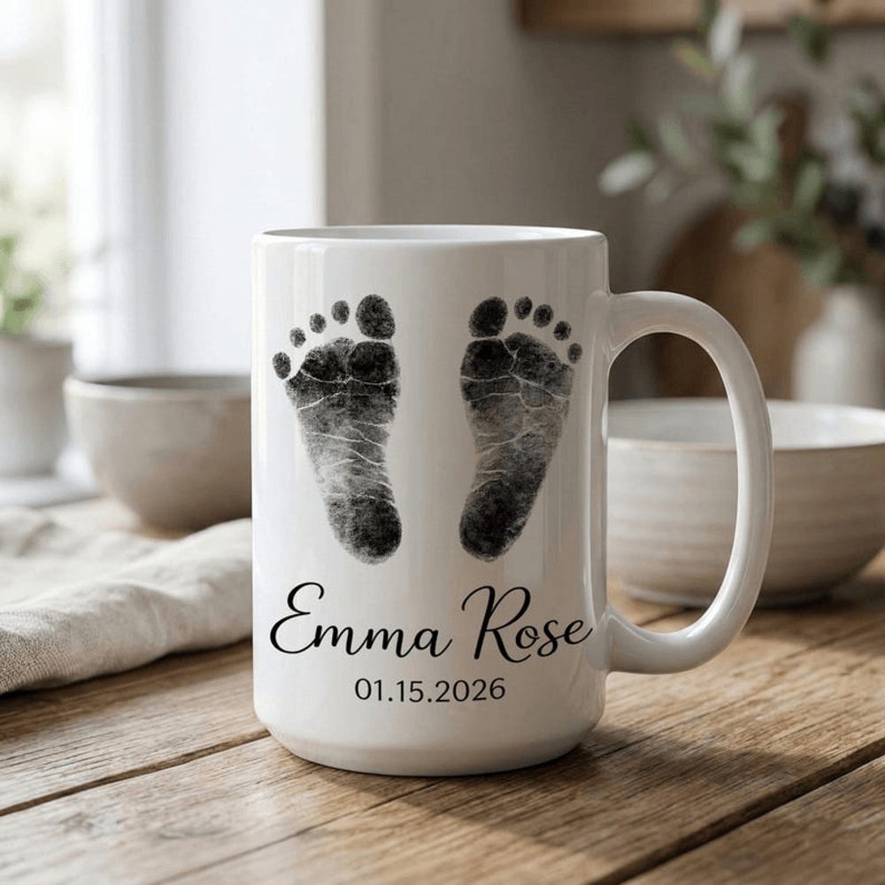 Personalized Baby Footprint Mug 15 Oz Mug Custom New Baby Gift Baby Birth Stats Mug New Mom Keepsak 0