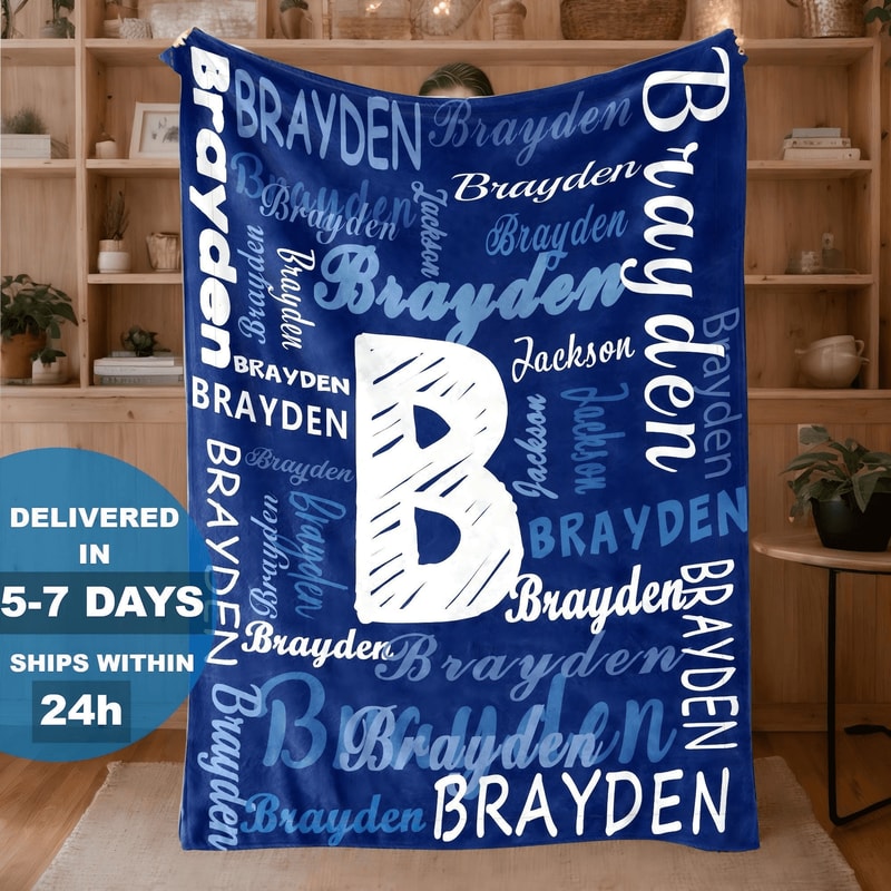 Personalized Boy Name Blanket Custom Initial Toddler Throw Nursery Keepsake Gift 0