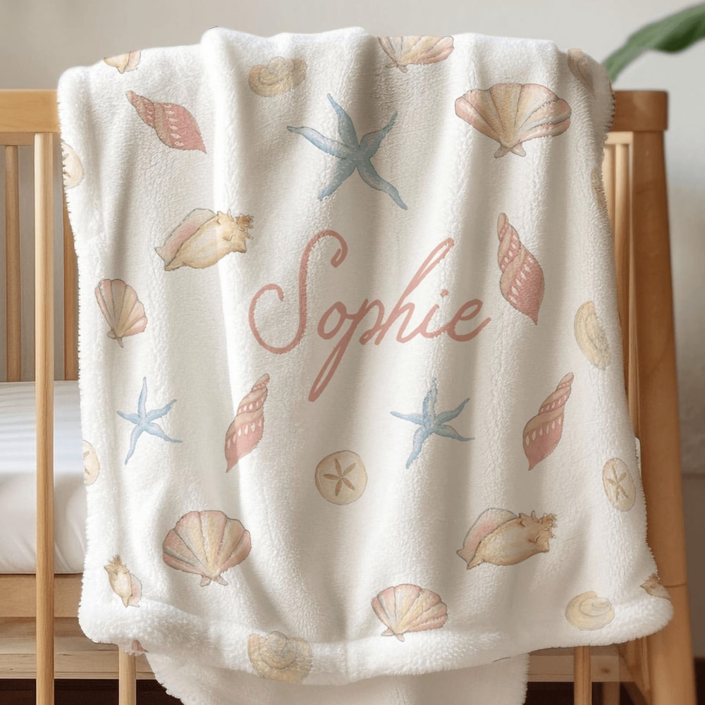 Personalized Seashell Name Blanket Custom Baby Girl Throw BeachThemed Kids Blanket Gift 0