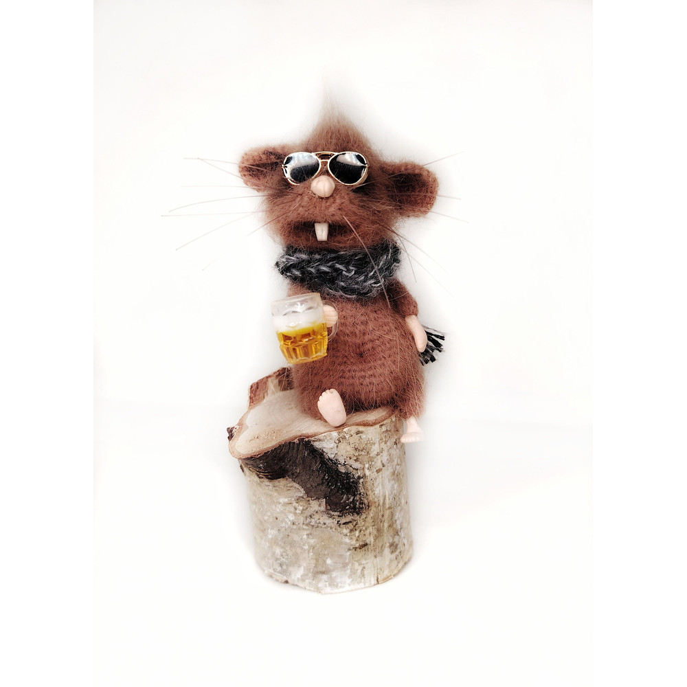 Miniature Toy Mouse With Beer In Sunglasses Mouse On A Stump Amigurumi Mouse Crochet 0