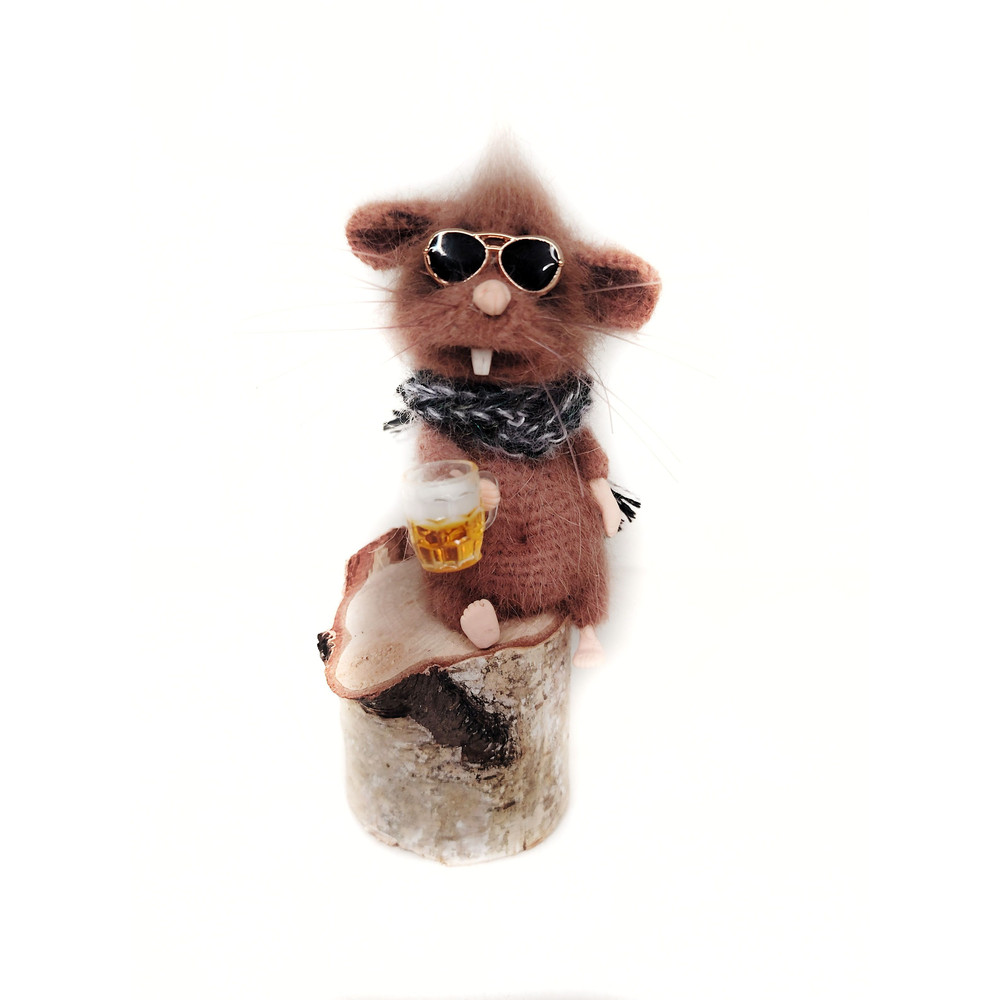 Miniature Toy Mouse With Beer In Sunglasses Mouse On A Stump Amigurumi Mouse Crochet 1