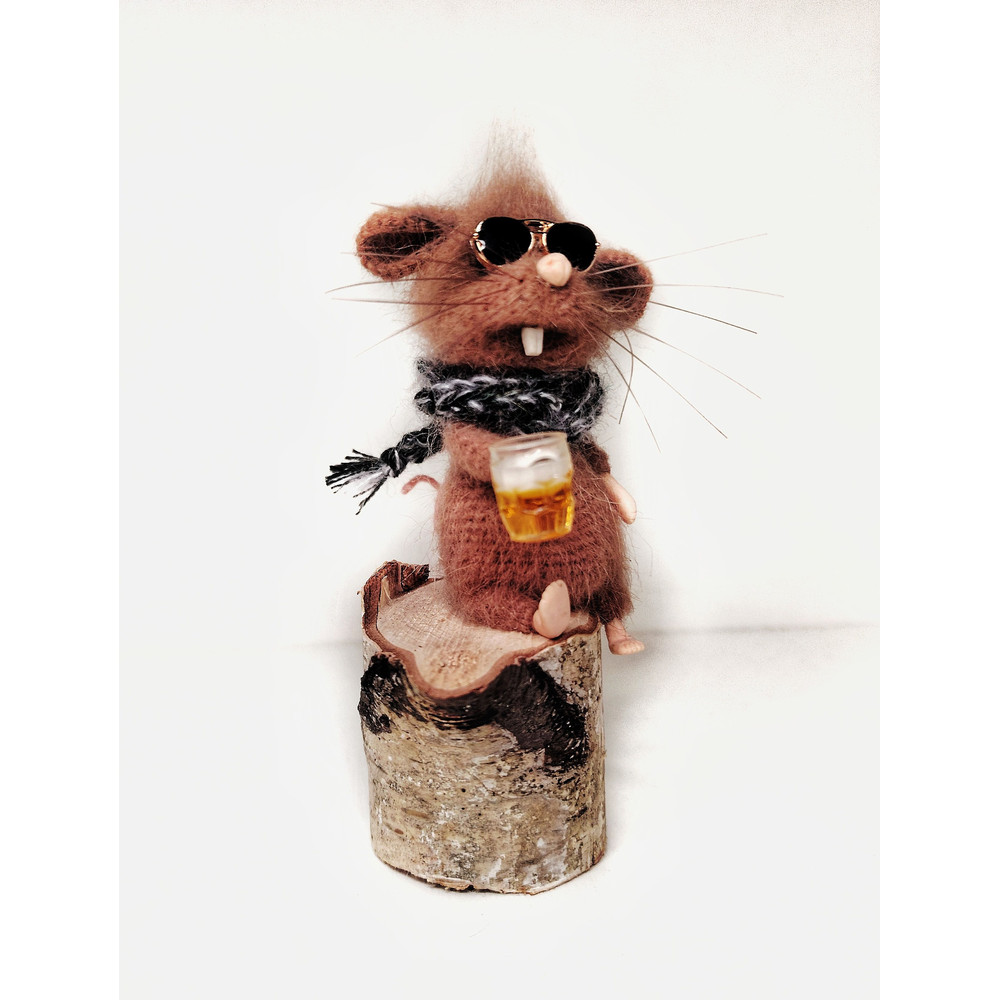 Miniature Toy Mouse With Beer In Sunglasses Mouse On A Stump Amigurumi Mouse Crochet 2