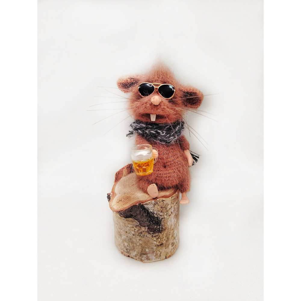 Miniature Toy Mouse With Beer In Sunglasses Mouse On A Stump Amigurumi Mouse Crochet 3