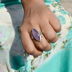 Amethyst Ring, Antique Silver Ring Women, Marquise Stone Ring, Natural Gemstone Ring, Purple Crystal Ring Statement Ring