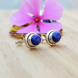 Lapis Lazuli Earrings Stud Sterling Silver, Blue Stone Studs, Silver Minimalist Earrings, Handmade Cute Small Earrings