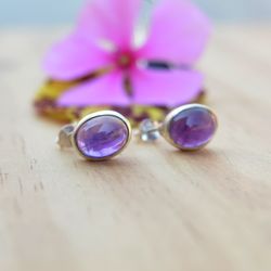 Amethyst Stud Earrings, Gemstone Silver Women Earrings Stud, Purple Crystal Earrings, Minimalist Jewelry, Handmade Gift