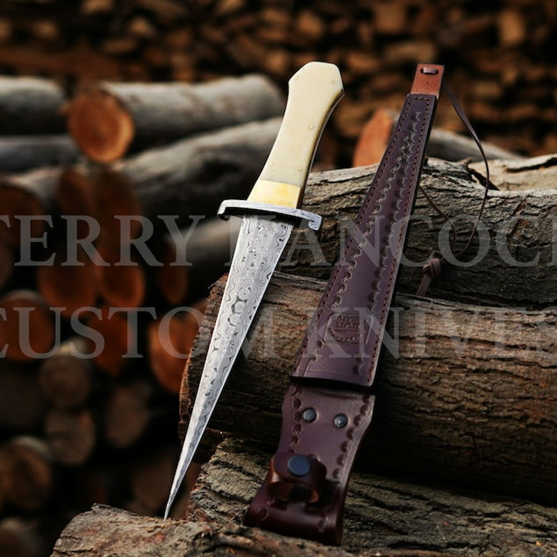 Beautiful Camel Bone Damascus Slim Dagger Hunting Knife Double Edge Gifts For Men Gift For Hunters Boyfriend Gift 0