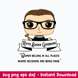 ruth bader ginsburd  woman belong in all places where decisions are being made svg, chibi ruth bader ginsburd svg, png d