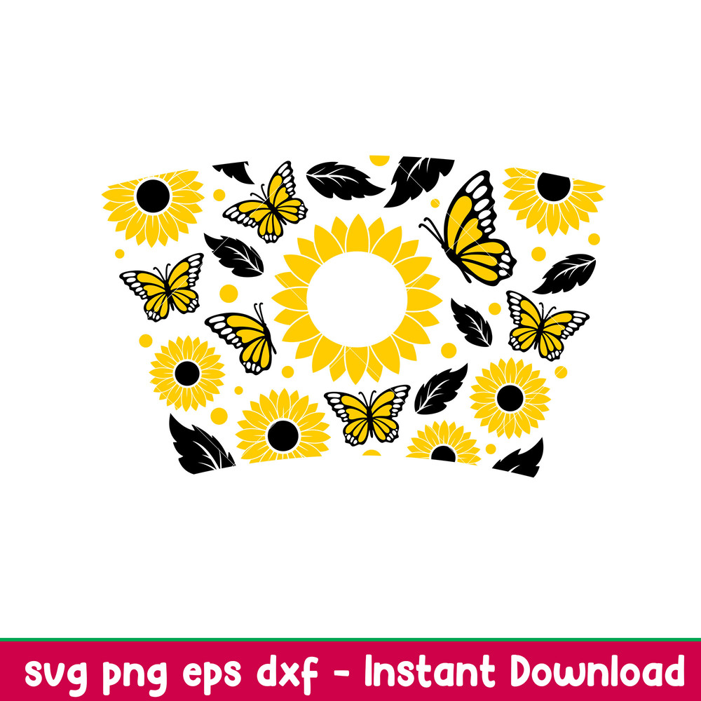 Sunflower And Butterfly Full Wrap, Sunflower And Butterfly Full Wrap Svg, Starbucks Svg, Coffee Ring Svg, Cold Cup Svg,png,dxf,eps file.jpeg