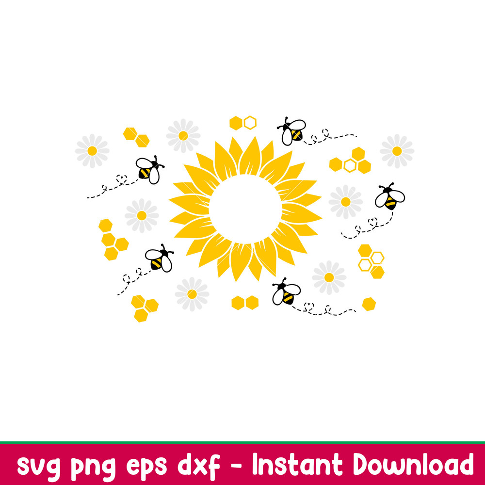 Sunflower Bees Full Wrap, Sunflower Bees Full Wrap Svg, Starbucks Svg, Coffee Ring Svg, Cold Cup Svg, png,dxf,eps file.jpeg