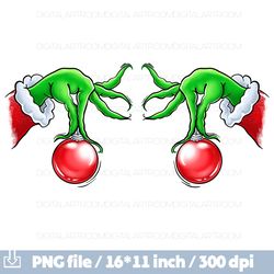 The Grinch's hands hold New Year's toys Christmas design Png illustration