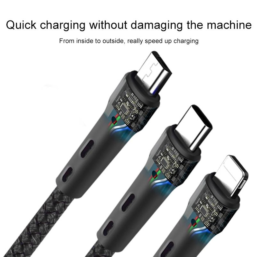 100W 3-in-1 Fast Charging Cable Type C to Lightning Micro USB 1.3m Nylon Braided Multi Device Charger