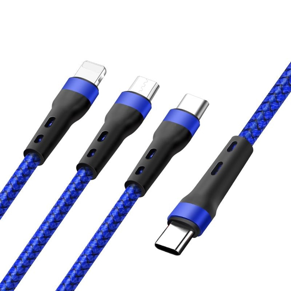 100W 3-in-1 Fast Charging Cable Type C to Lightning Micro USB 1.3m Nylon Braided Multi Device Charger