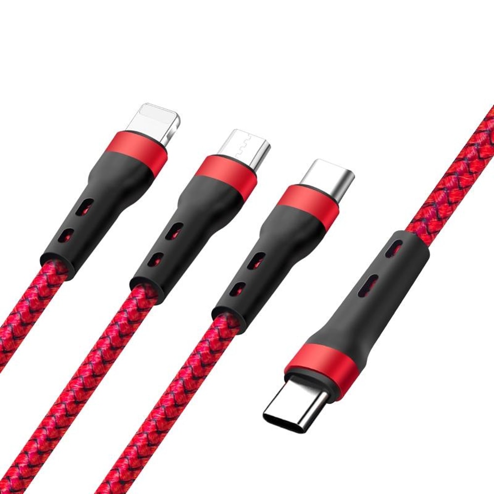 100W 3-in-1 Fast Charging Cable Type C to Lightning Micro USB 1.3m Nylon Braided Multi Device Charger