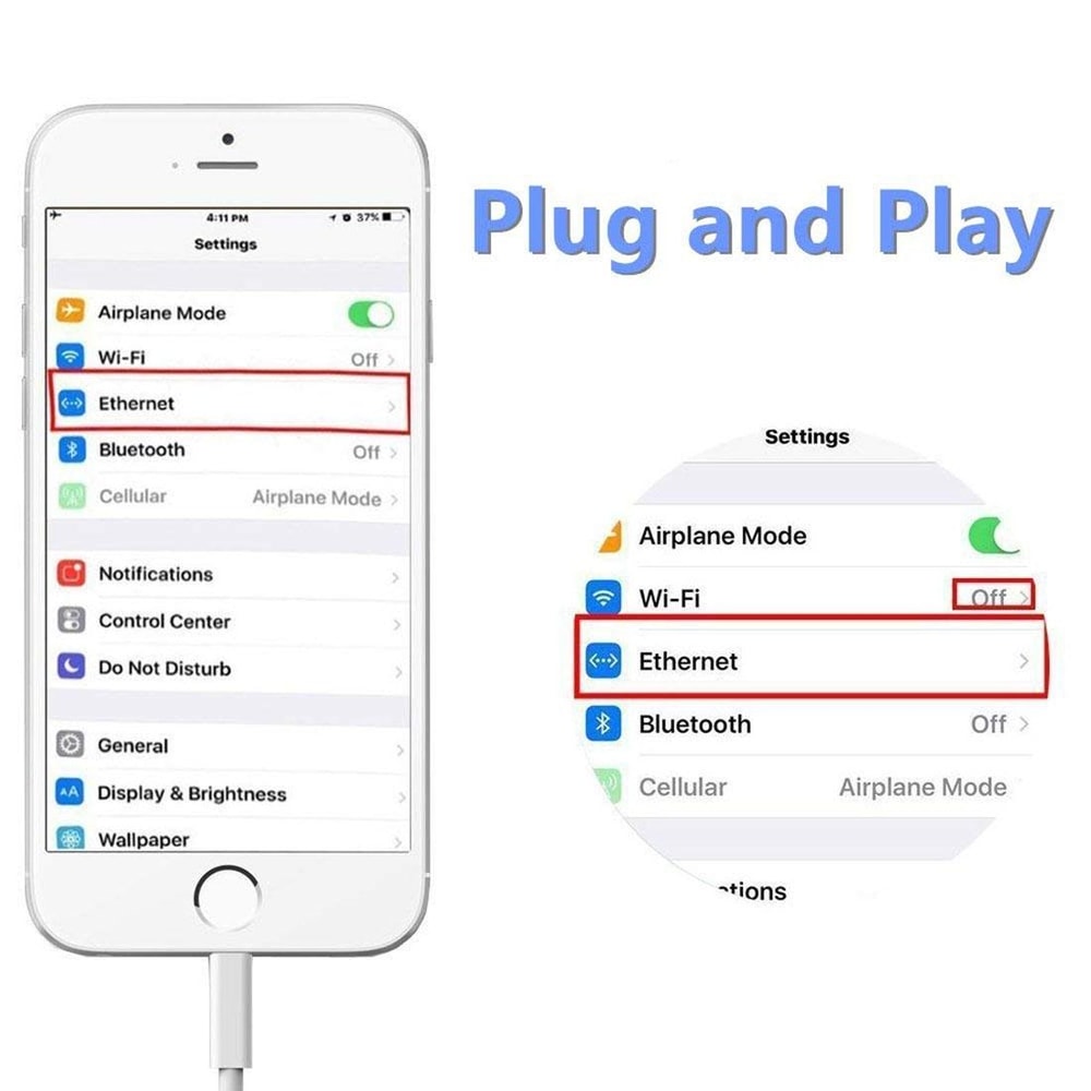 Lightning to Ethernet Adapter Cable for iPhone & iPad, RJ45 Wired LAN Internet Connection