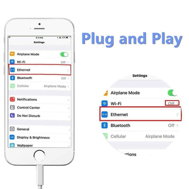 Lightning to Ethernet Adapter Cable for iPhone & iPad, RJ45 Wired LAN Internet Connection