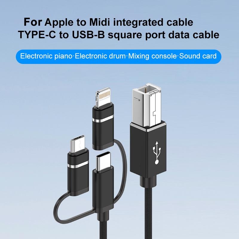 3-in-1 Multi Device USB Printer Cable, USB C Micro USB Lightning to USB B MIDI Cable 1m