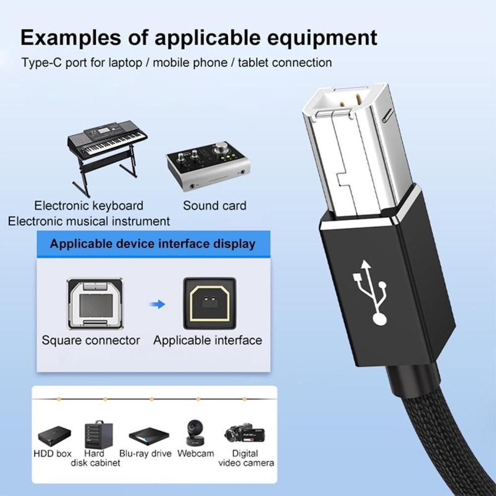 3-in-1 Multi Device USB Printer Cable, USB C Micro USB Lightning to USB B MIDI Cable 1m