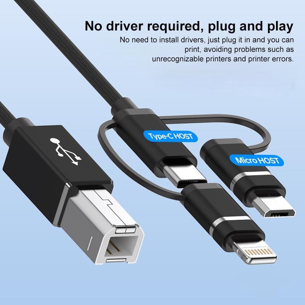 3-in-1 Multi Device USB Printer Cable, USB C Micro USB Lightning to USB B MIDI Cable 1m