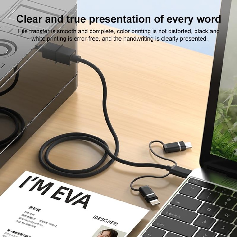 3-in-1 Multi Device USB Printer Cable, USB C Micro USB Lightning to USB B MIDI Cable 1m