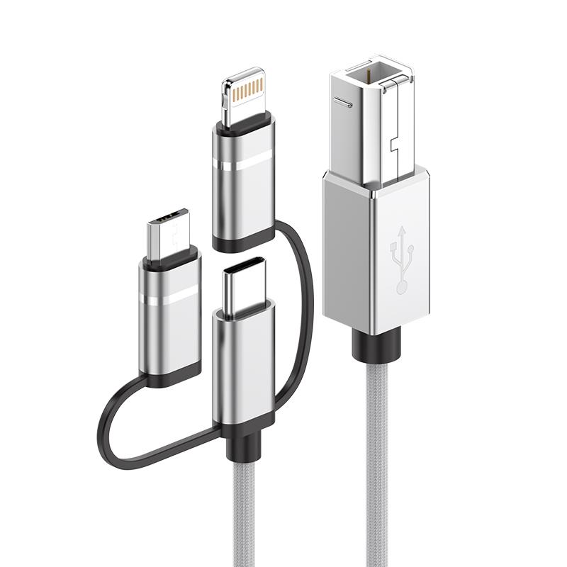 3-in-1 Multi Device USB Printer Cable, USB C Micro USB Lightning to USB B MIDI Cable 1m